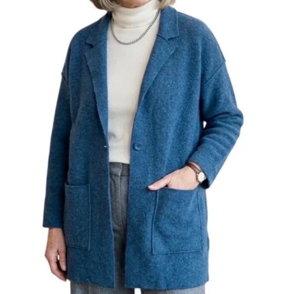 Eileen Fisher | Merino Wool Blend Teal Blue Notched Lapel Cardigan Blazer, S